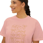 Women's Boxy Tee — "Fall for Jesus He Never Leaves" Faith Graphic Tee