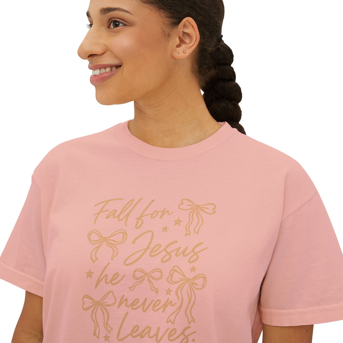 Women's Boxy Tee — "Fall for Jesus He Never Leaves" Faith Graphic Tee