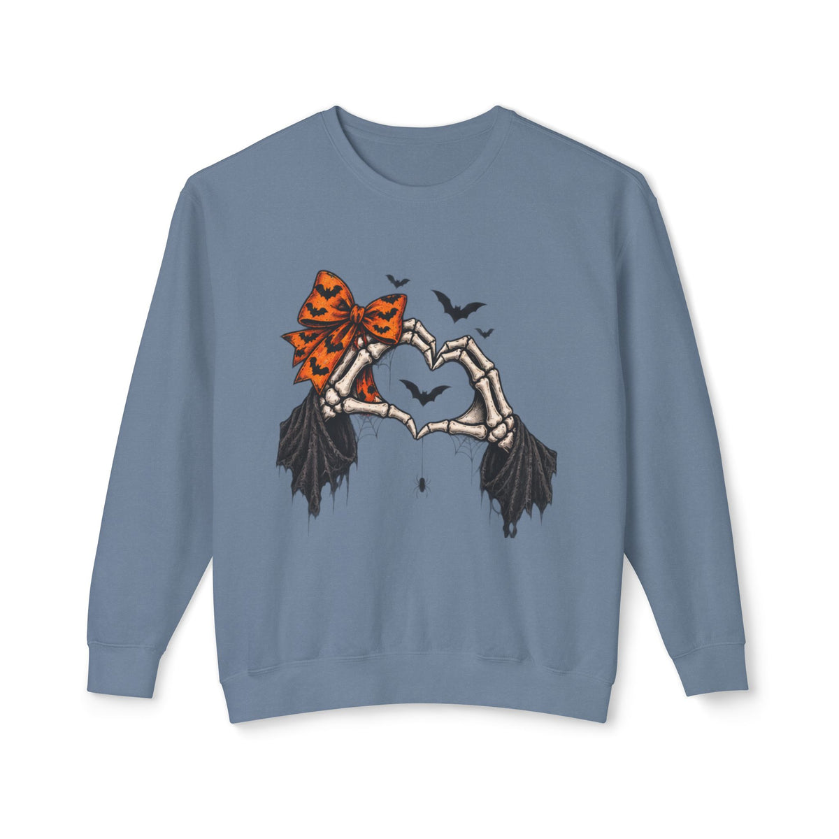 Halloween Skeleton Hands Crewneck Sweatshirt — Spooky Heart & Bat Design