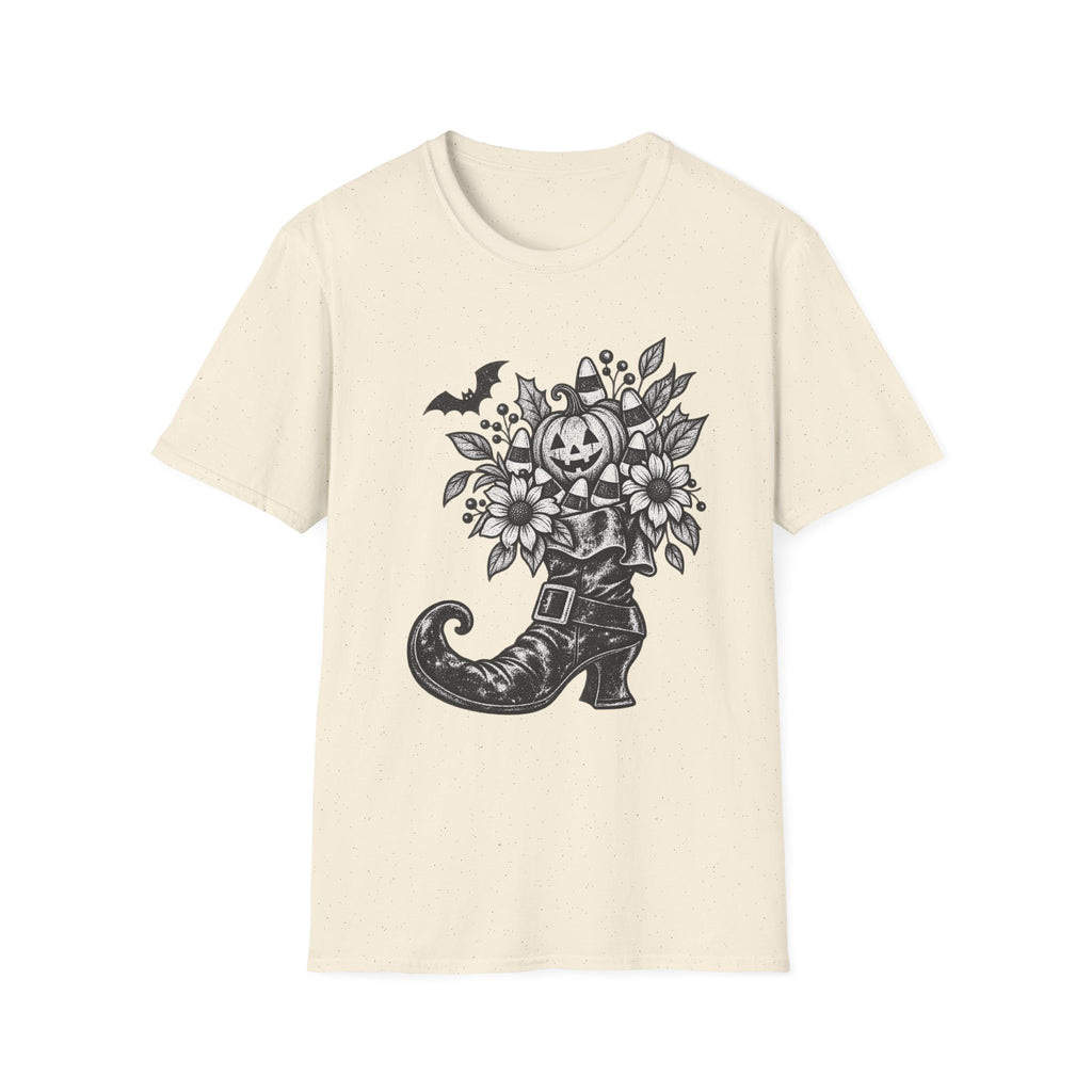Halloween Boot Bouquet T‑Shirt — Pumpkin, Candy Corn & Bat Graphic