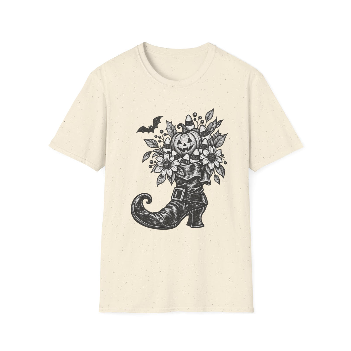 Halloween Boot Bouquet T‑Shirt — Pumpkin, Candy Corn & Bat Graphic
