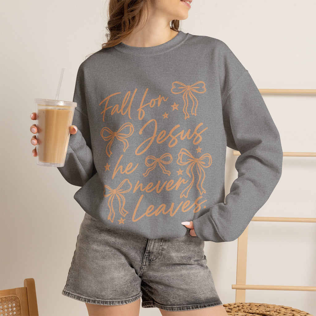 Christian Crewneck Sweatshirt – “Fall for Jesus, He Never Leaves” Autumn Faith Pullover