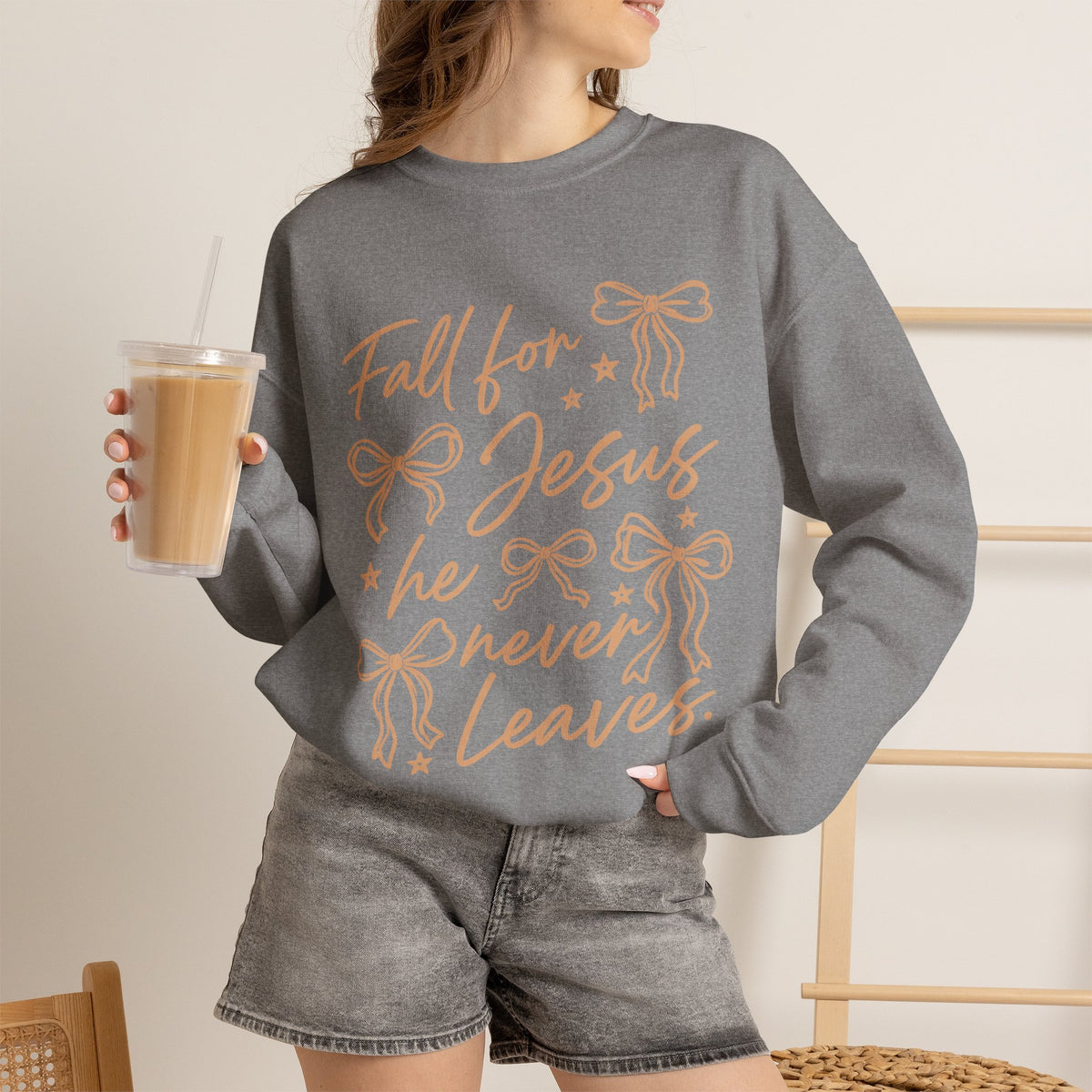 Christian Crewneck Sweatshirt – “Fall for Jesus, He Never Leaves” Autumn Faith Pullover