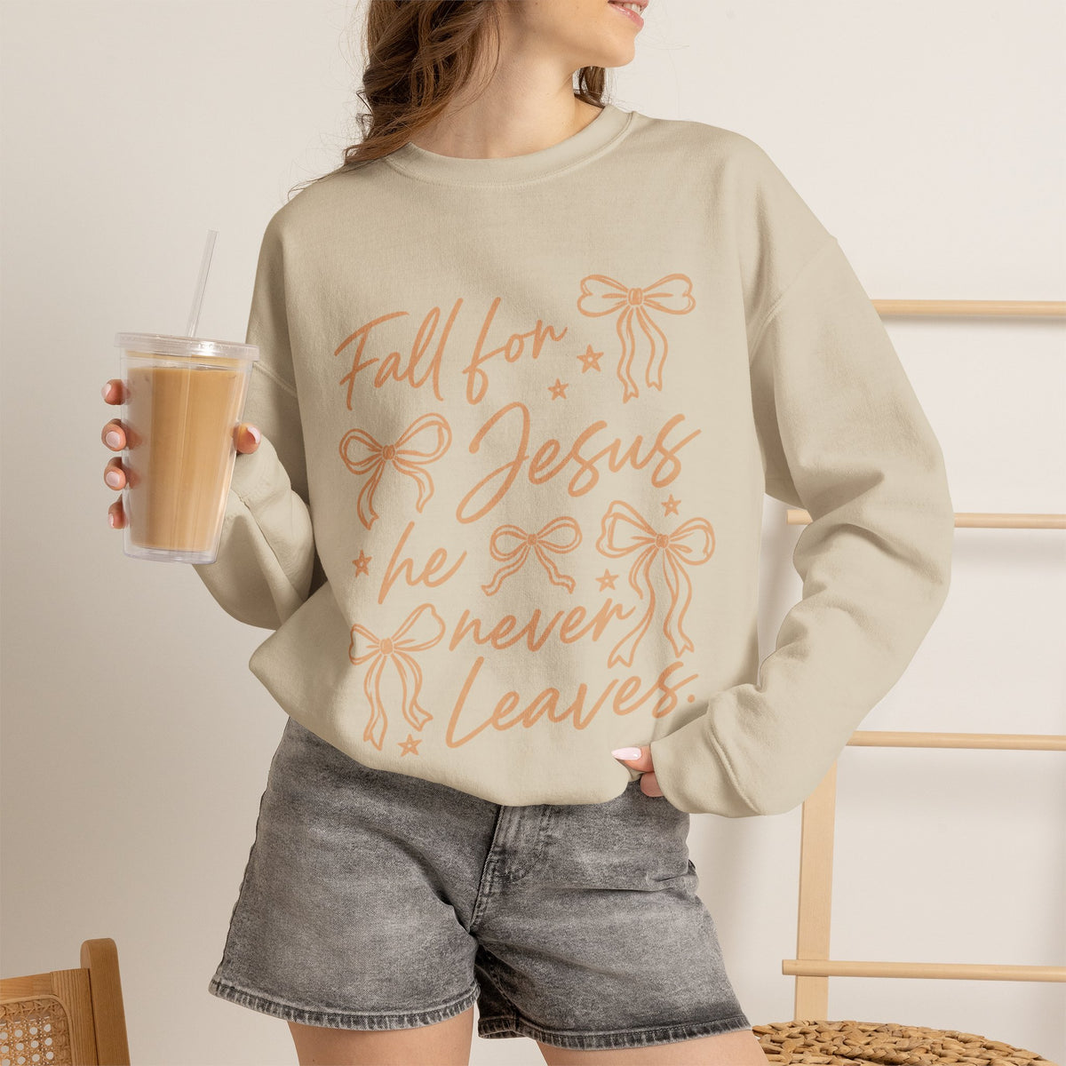 Christian Crewneck Sweatshirt – “Fall for Jesus, He Never Leaves” Autumn Faith Pullover
