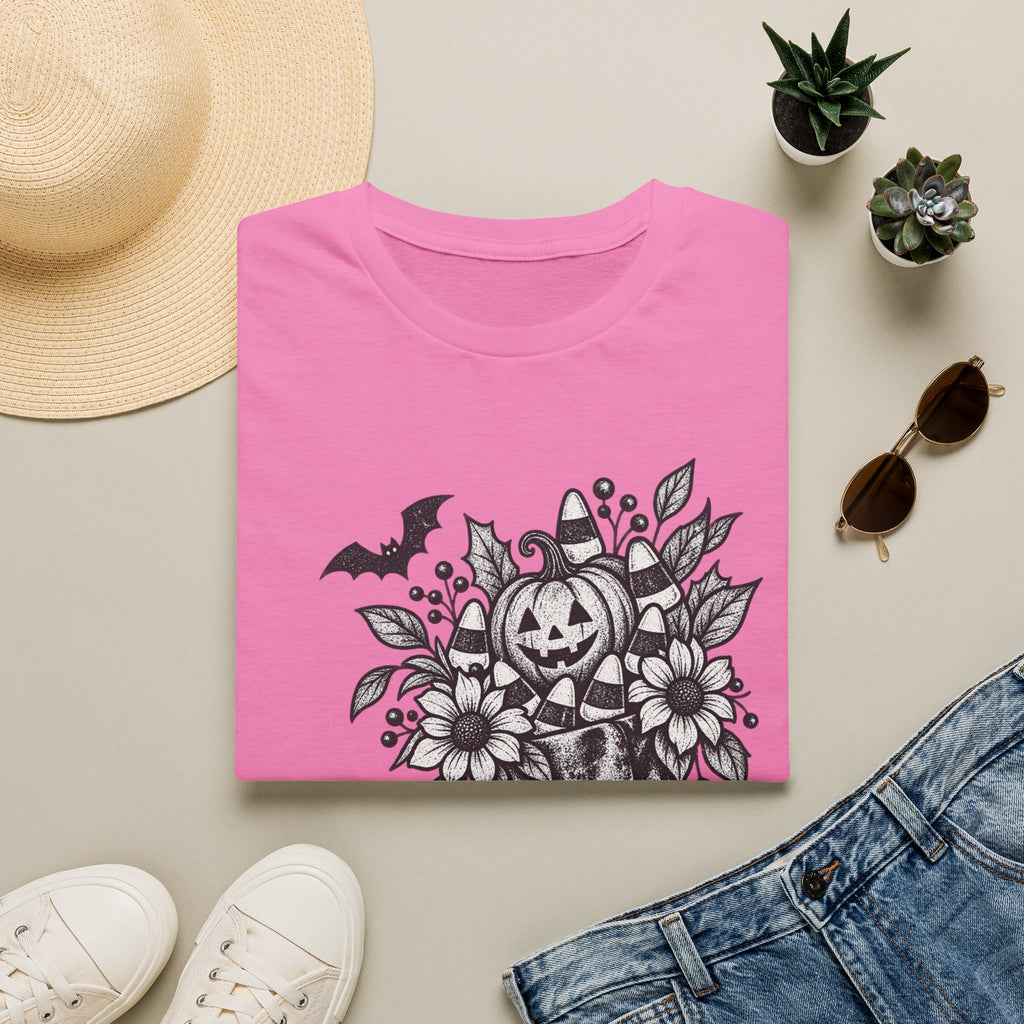 Halloween Boot Bouquet T‑Shirt — Pumpkin, Candy Corn & Bat Graphic