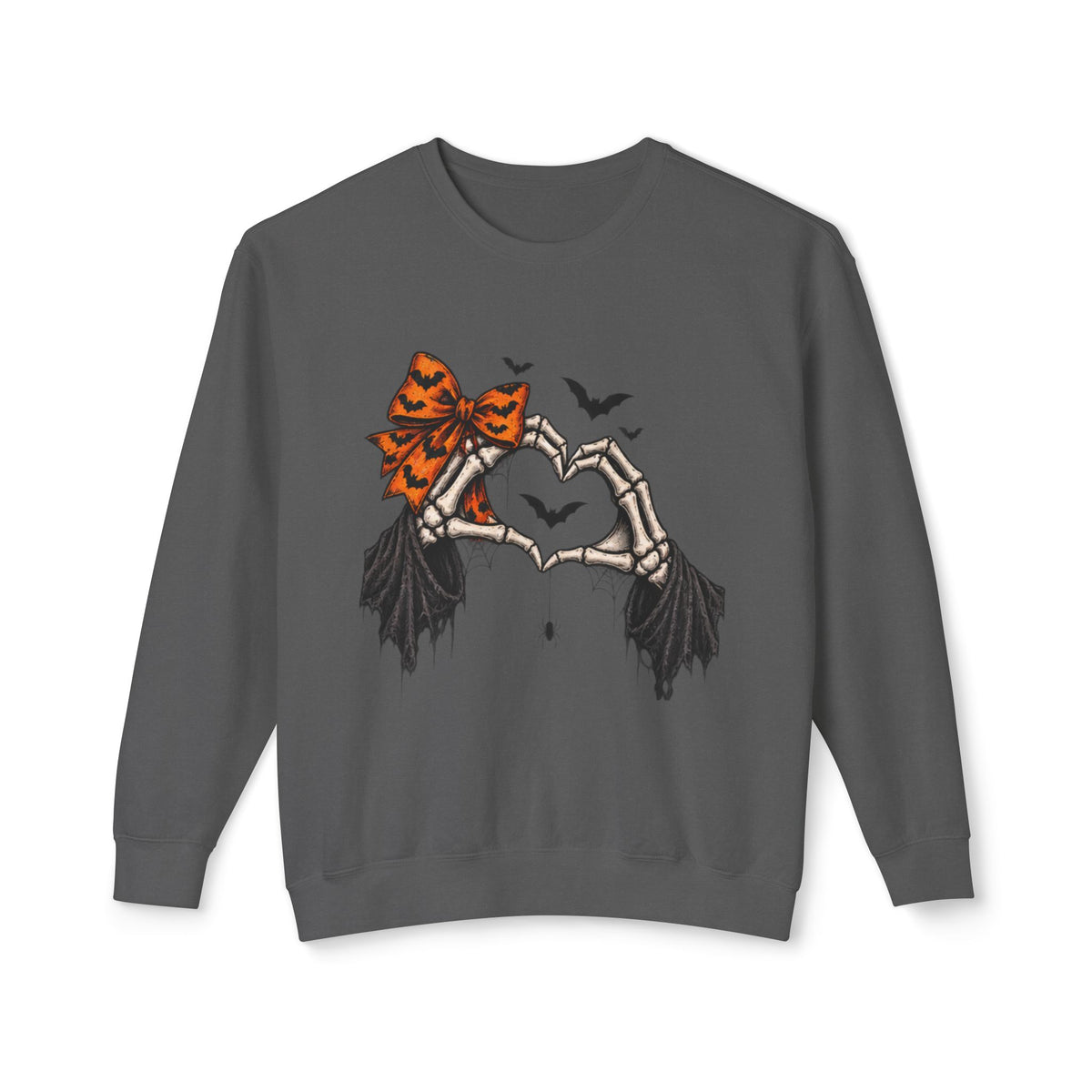 Halloween Skeleton Hands Crewneck Sweatshirt — Spooky Heart & Bat Design