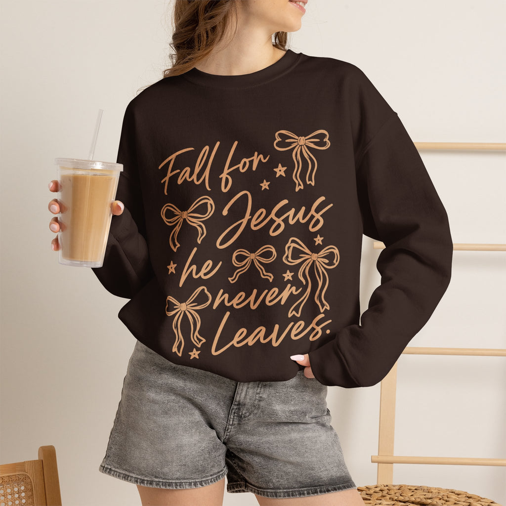 Christian Crewneck Sweatshirt – “Fall for Jesus, He Never Leaves” Autumn Faith Pullover