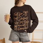 Christian Crewneck Sweatshirt – “Fall for Jesus, He Never Leaves” Autumn Faith Pullover