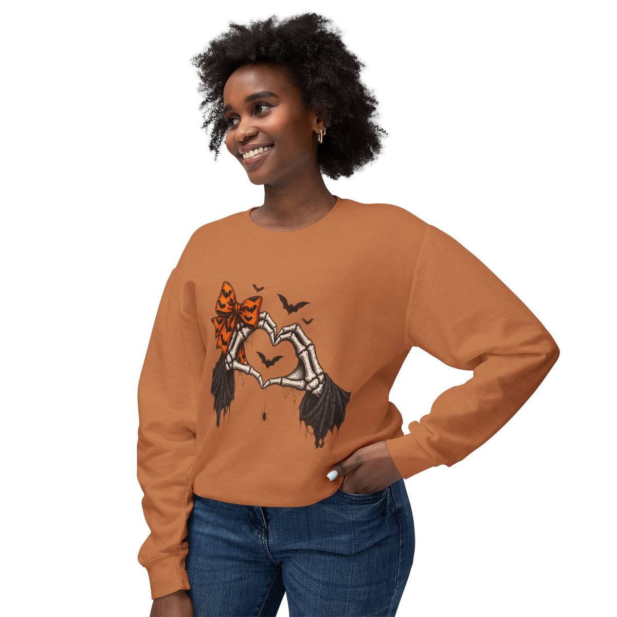 Halloween Skeleton Hands Crewneck Sweatshirt — Spooky Heart & Bat Design