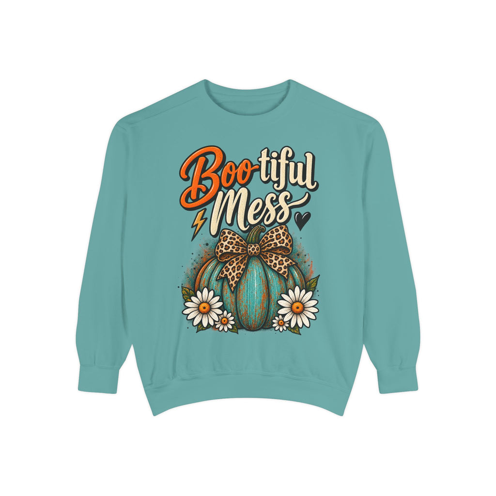Boo-tiful Mess Sweatshirt – Teal Pumpkin with Leopard Bow & Daisies