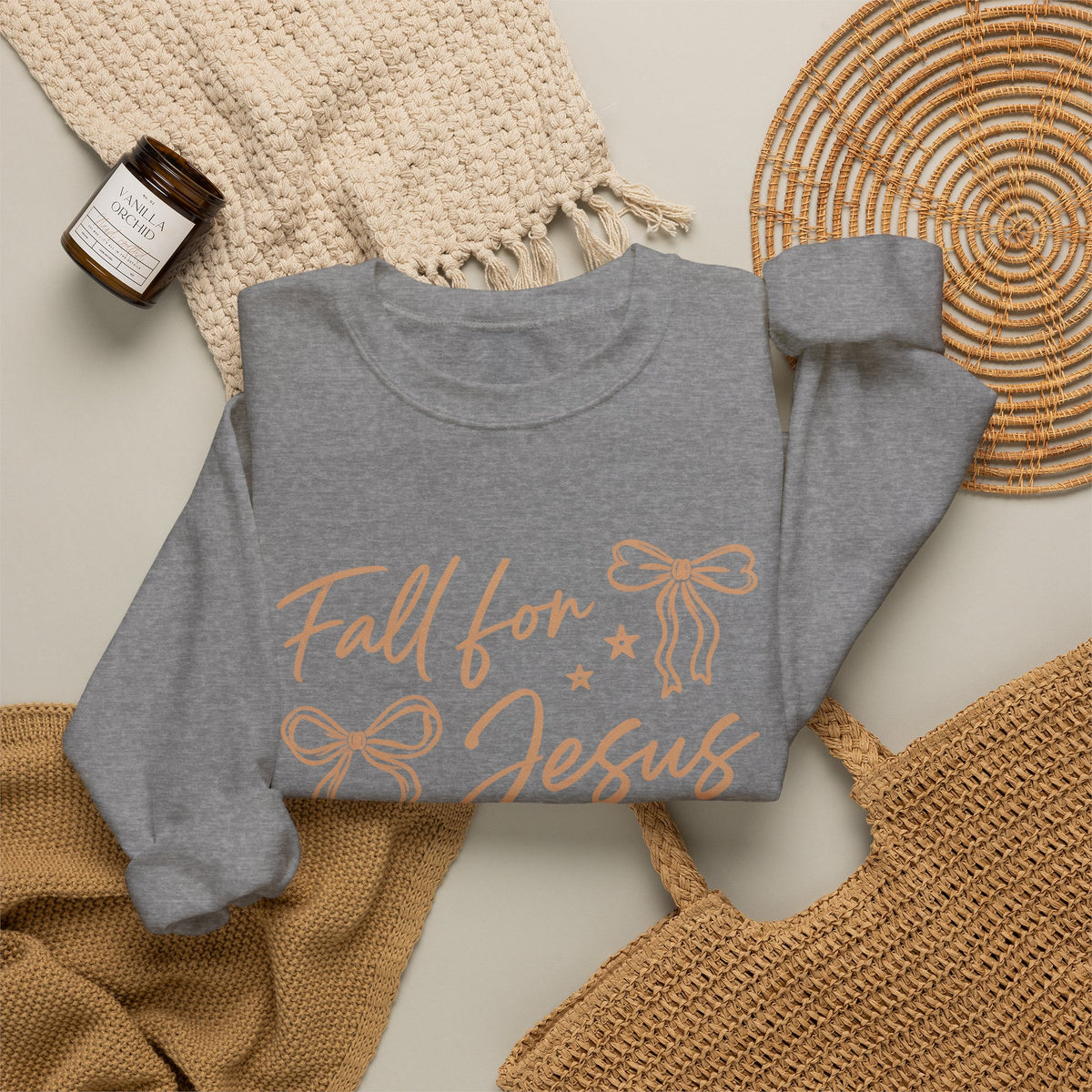 Christian Crewneck Sweatshirt – “Fall for Jesus, He Never Leaves” Autumn Faith Pullover