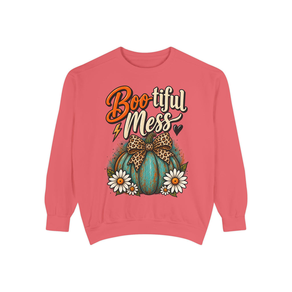 Boo-tiful Mess Sweatshirt – Teal Pumpkin with Leopard Bow & Daisies