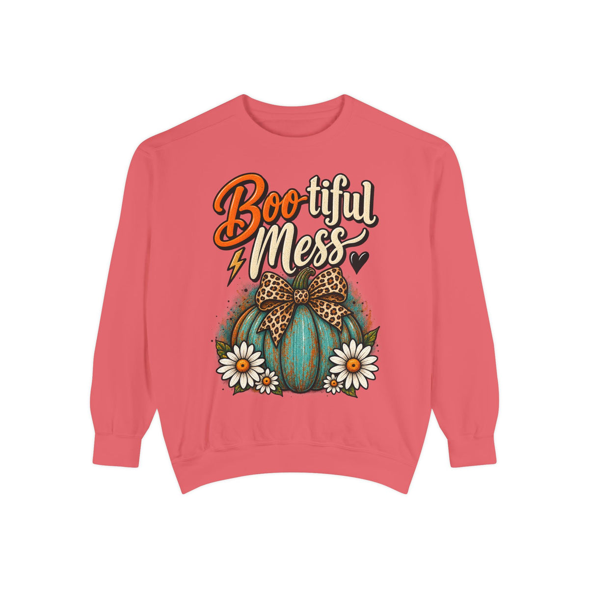 Boo-tiful Mess Sweatshirt – Teal Pumpkin with Leopard Bow & Daisies