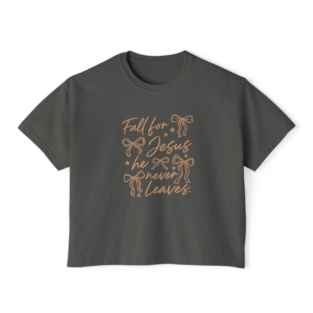 Women's Boxy Tee — "Fall for Jesus He Never Leaves" Faith Graphic Tee
