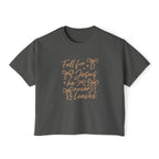 Women's Boxy Tee — "Fall for Jesus He Never Leaves" Faith Graphic Tee