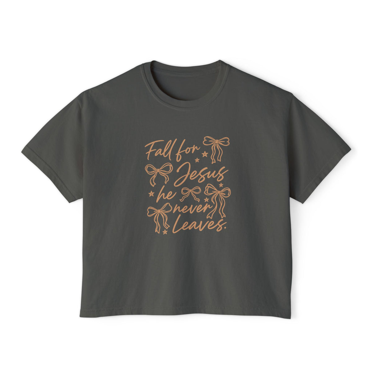 Women's Boxy Tee — "Fall for Jesus He Never Leaves" Faith Graphic Tee