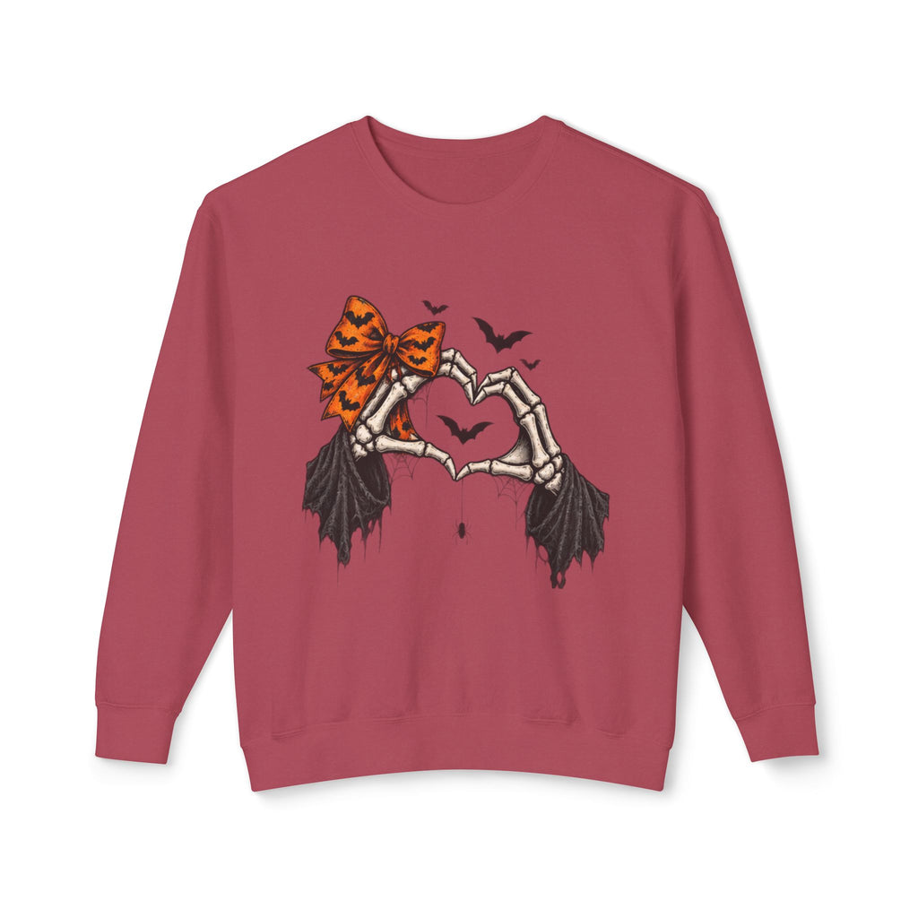 Halloween Skeleton Hands Crewneck Sweatshirt — Spooky Heart & Bat Design