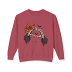 Halloween Skeleton Hands Crewneck Sweatshirt — Spooky Heart & Bat Design