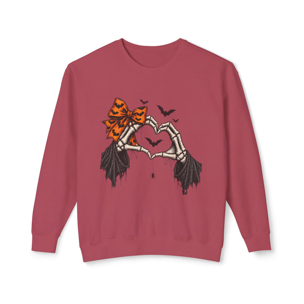 Halloween Skeleton Hands Crewneck Sweatshirt — Spooky Heart & Bat Design
