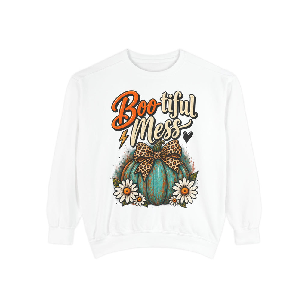 Boo-tiful Mess Sweatshirt – Teal Pumpkin with Leopard Bow & Daisies