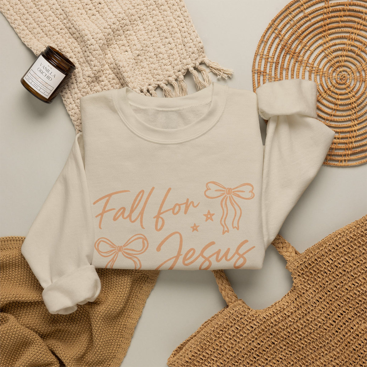 Christian Crewneck Sweatshirt – “Fall for Jesus, He Never Leaves” Autumn Faith Pullover