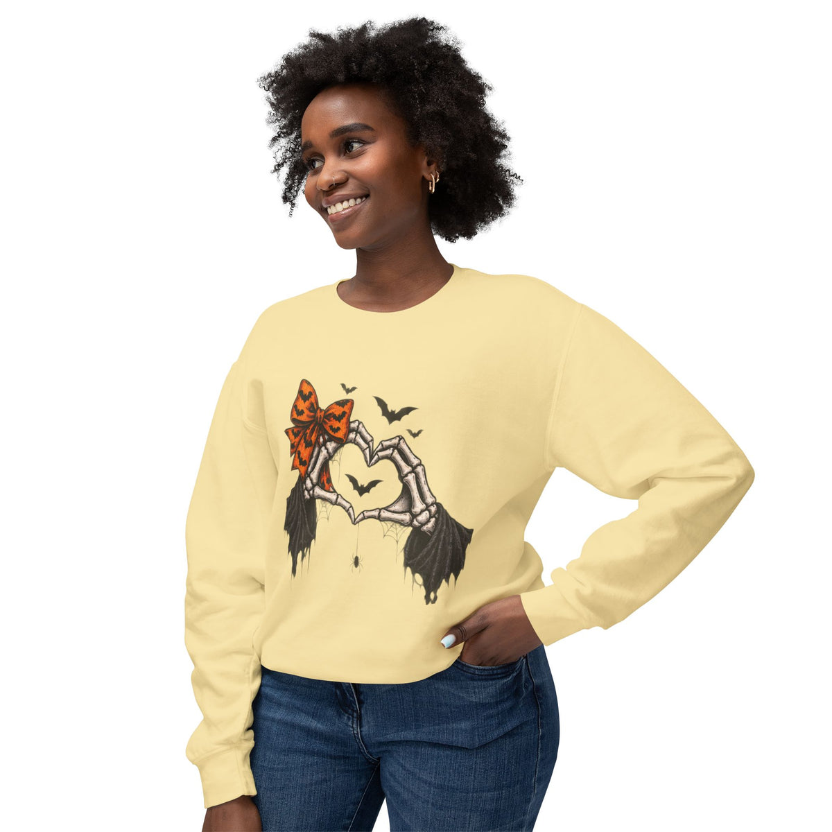 Halloween Skeleton Hands Crewneck Sweatshirt — Spooky Heart & Bat Design