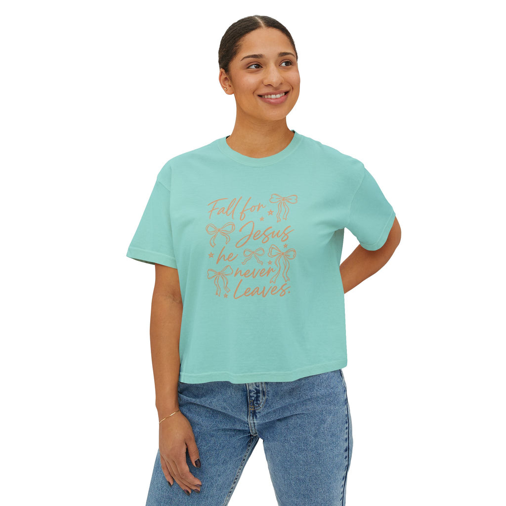 Women's Boxy Tee — "Fall for Jesus He Never Leaves" Faith Graphic Tee