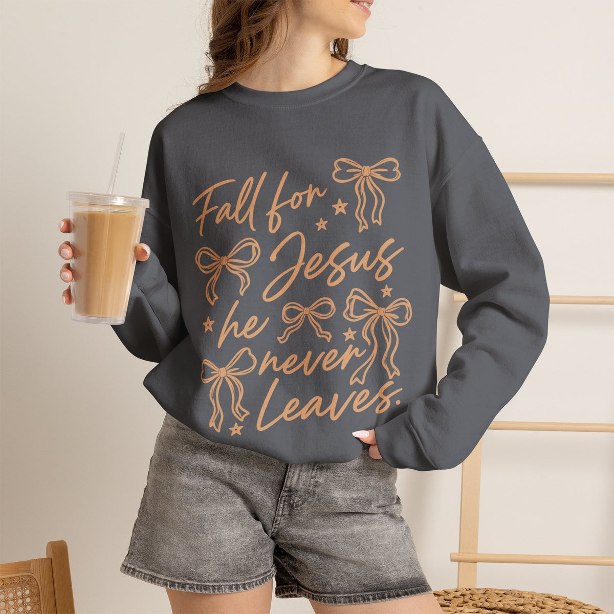 Christian Crewneck Sweatshirt – “Fall for Jesus, He Never Leaves” Autumn Faith Pullover