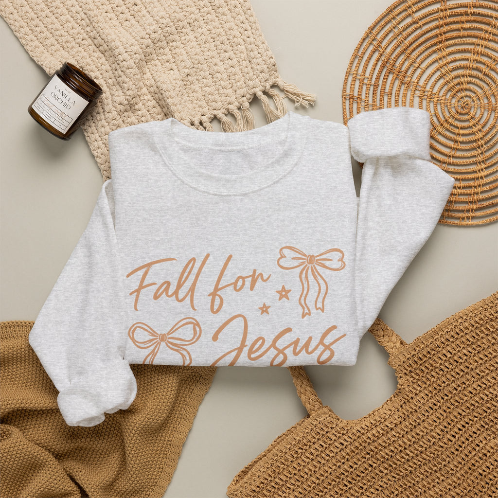 Christian Crewneck Sweatshirt – “Fall for Jesus, He Never Leaves” Autumn Faith Pullover