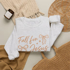Christian Crewneck Sweatshirt – “Fall for Jesus, He Never Leaves” Autumn Faith Pullover