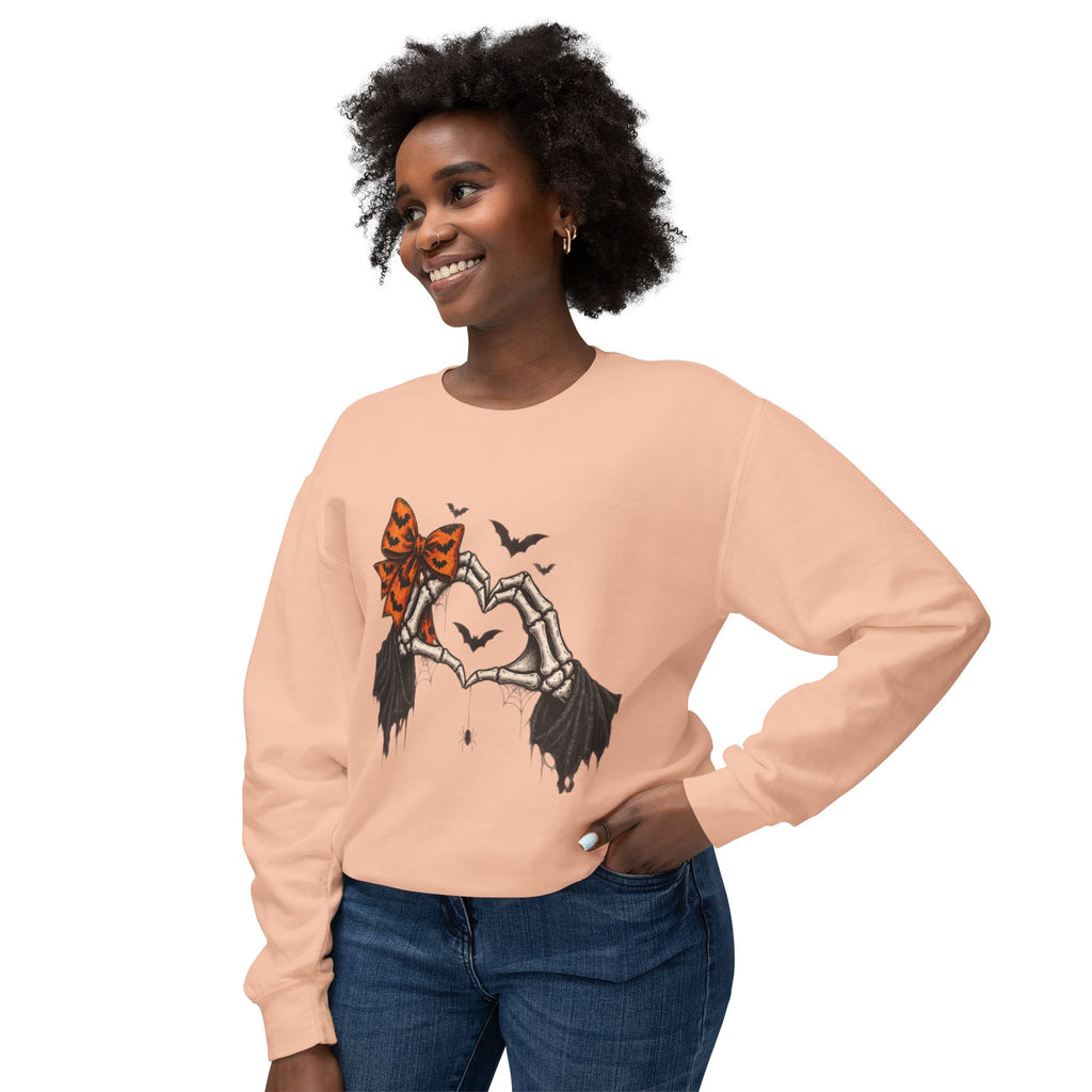 Halloween Skeleton Hands Crewneck Sweatshirt — Spooky Heart & Bat Design