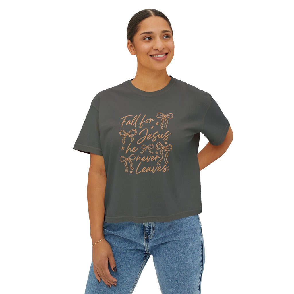 Women's Boxy Tee — "Fall for Jesus He Never Leaves" Faith Graphic Tee