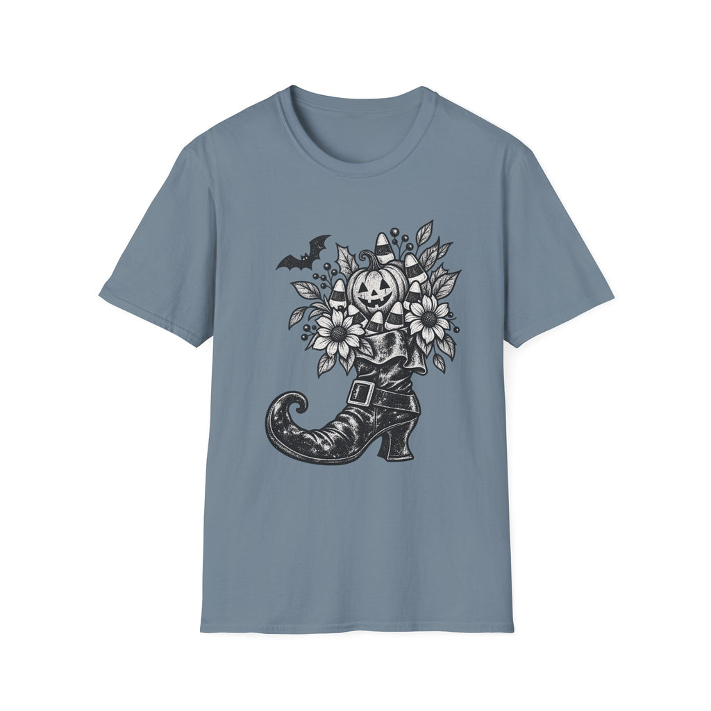 Halloween Boot Bouquet T‑Shirt — Pumpkin, Candy Corn & Bat Graphic