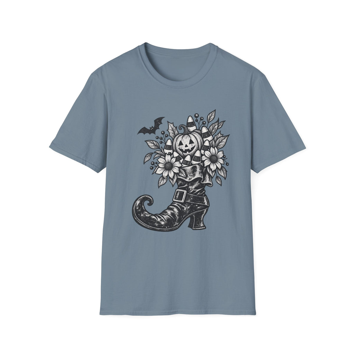 Halloween Boot Bouquet T‑Shirt — Pumpkin, Candy Corn & Bat Graphic