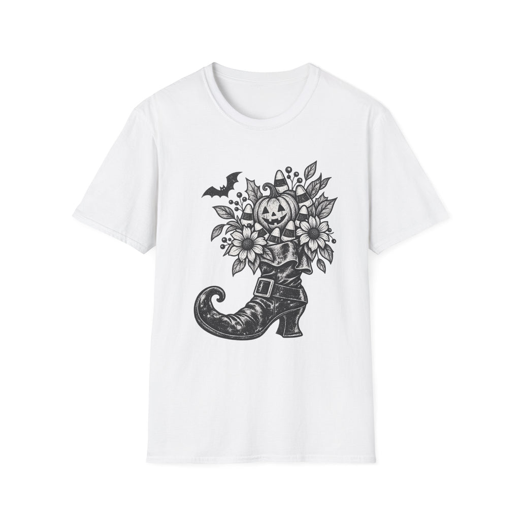 Halloween Boot Bouquet T‑Shirt — Pumpkin, Candy Corn & Bat Graphic