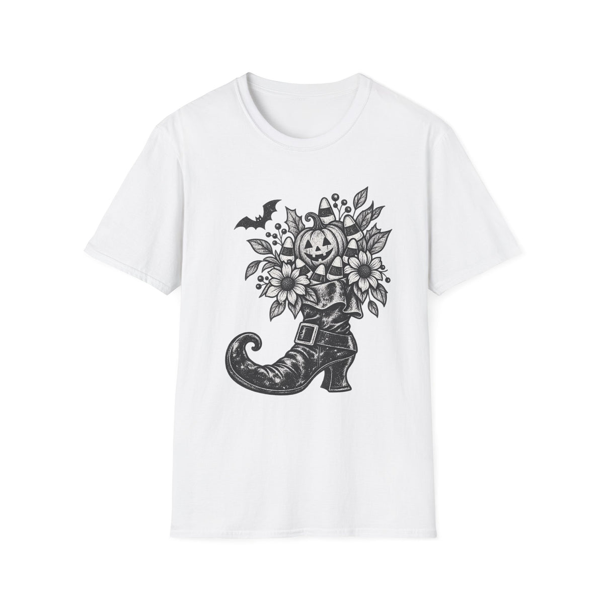 Halloween Boot Bouquet T‑Shirt — Pumpkin, Candy Corn & Bat Graphic