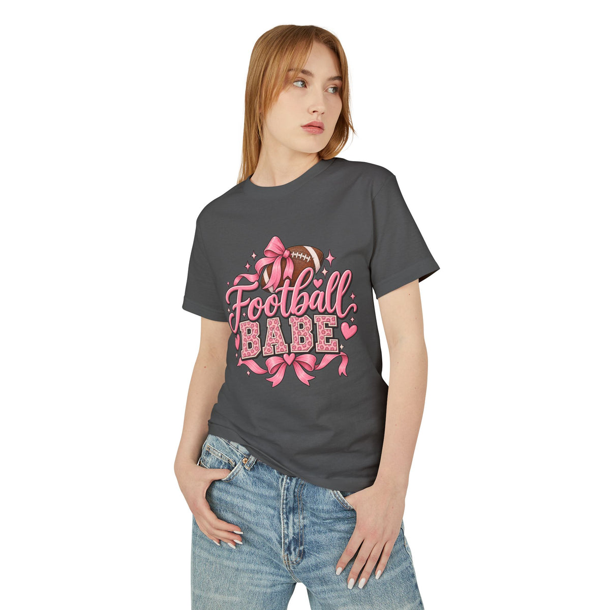 Football Babe T‑Shirt — Pink Cheerleader Football Design