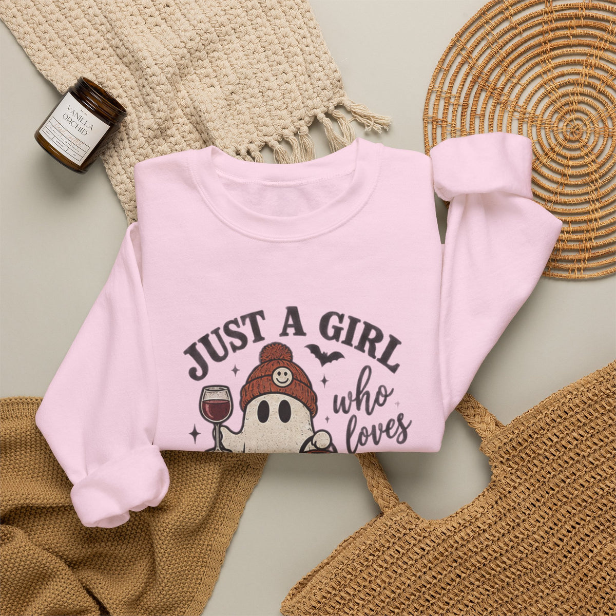 Halloween Wine Sweatshirt — “Just a Girl Who Loves Wine & Halloween” Crewneck