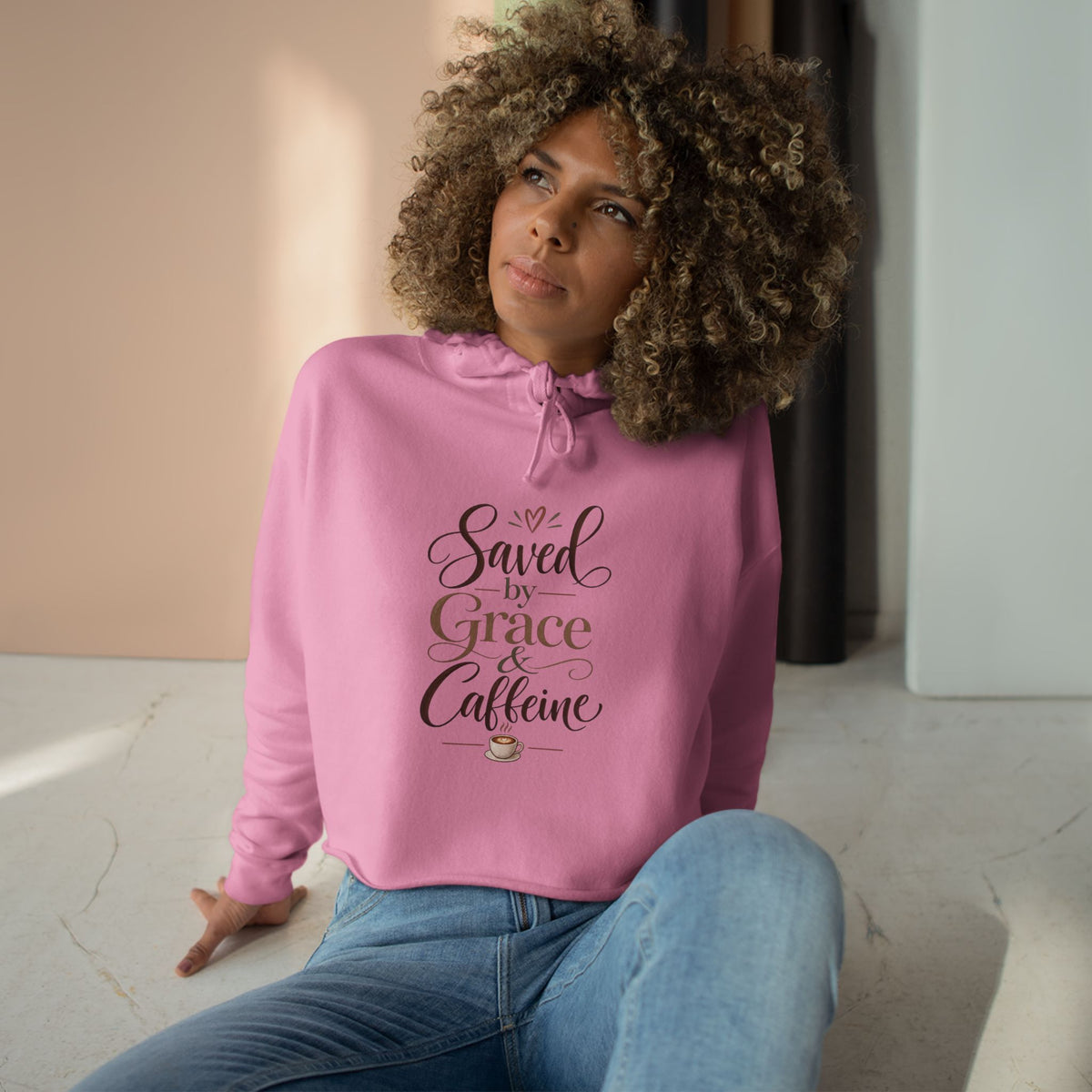 Saved by Grace & Caffeine Crop Hoodie — Christian Coffee Lover Graphic