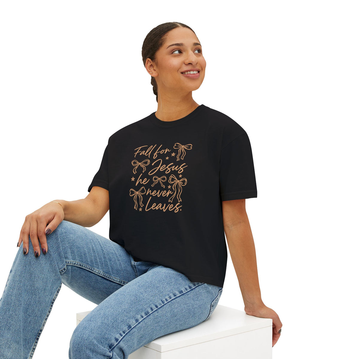 Women's Boxy Tee — "Fall for Jesus He Never Leaves" Faith Graphic Tee