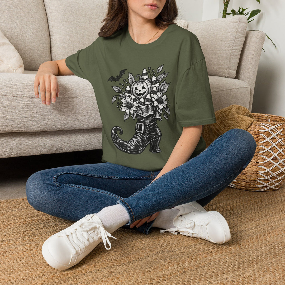 Halloween Boot Bouquet T‑Shirt — Pumpkin, Candy Corn & Bat Graphic