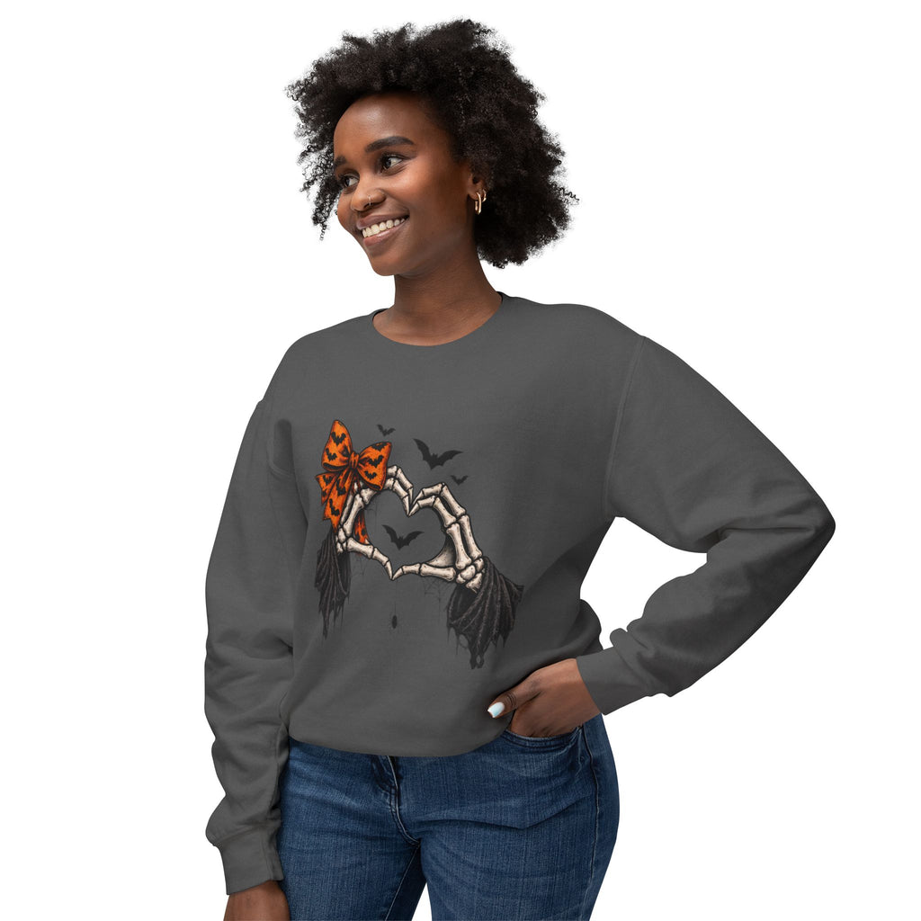 Halloween Skeleton Hands Crewneck Sweatshirt — Spooky Heart & Bat Design