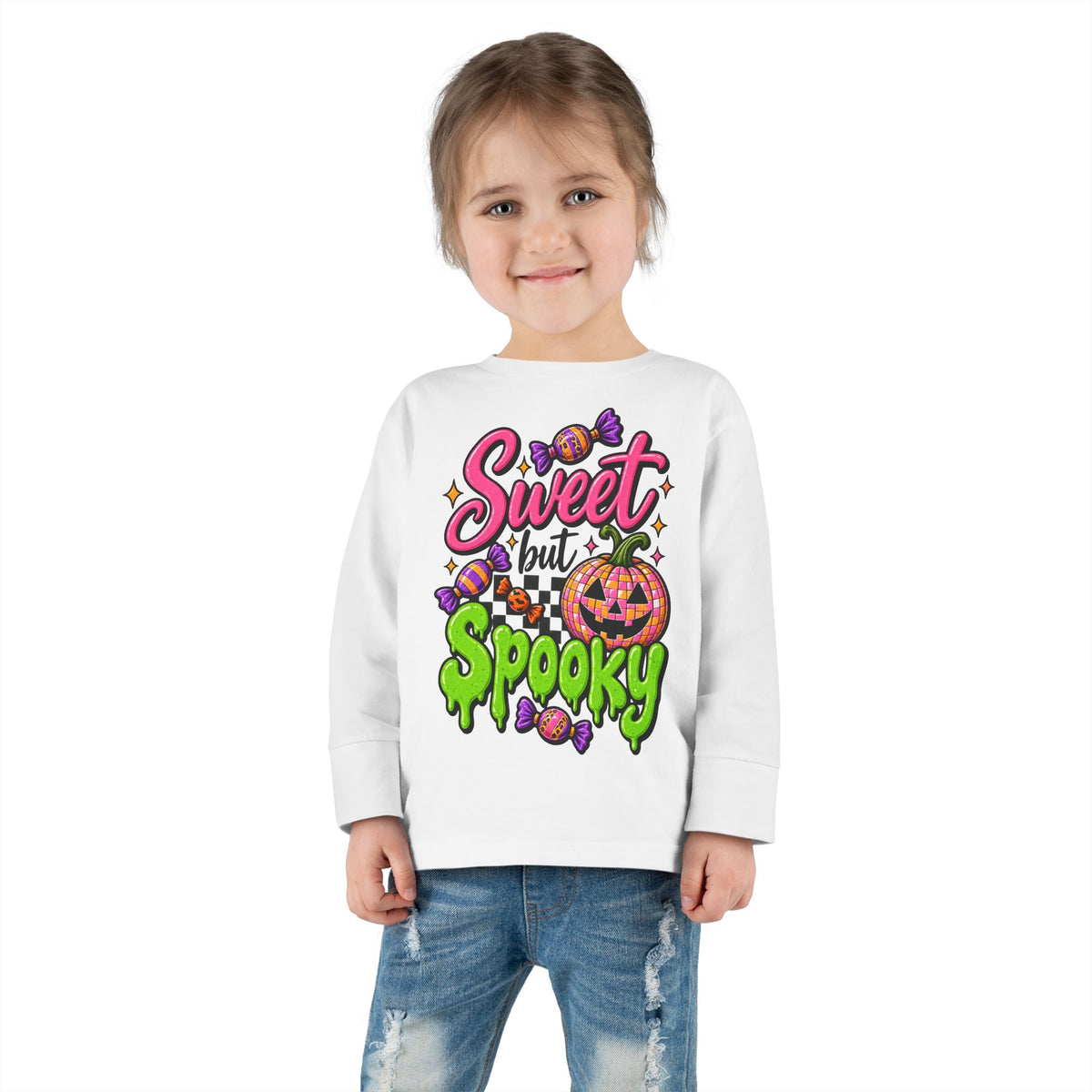 Sweet but Spooky Toddler Long Sleeve Tee — Halloween Pumpkin Candy Graphic