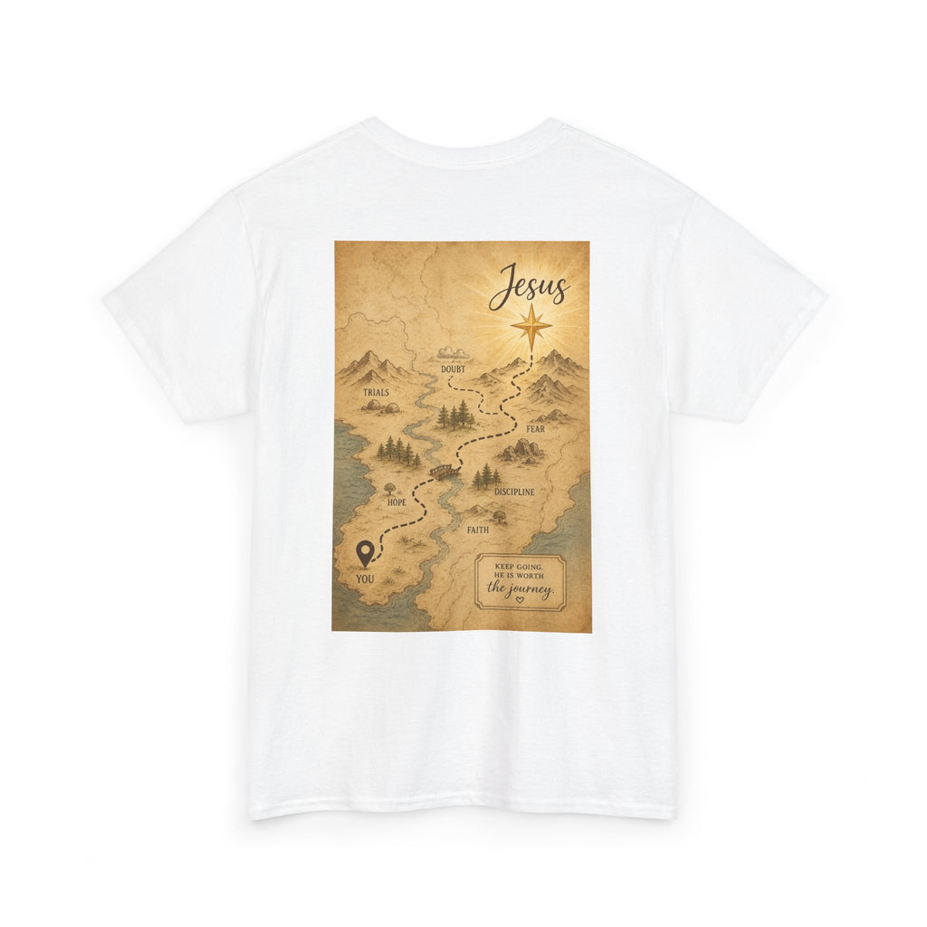 Christian Journey Tee — "Jesus is the Way" Map Back Print, Cross Chest Graphic