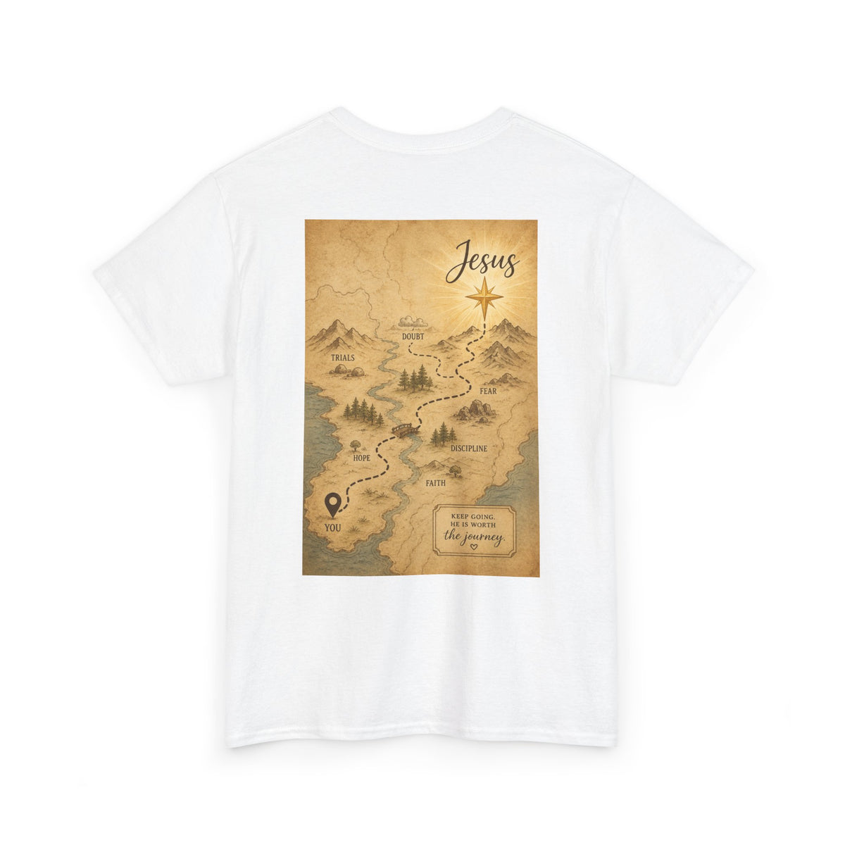 Christian Journey Tee — "Jesus is the Way" Map Back Print, Cross Chest Graphic