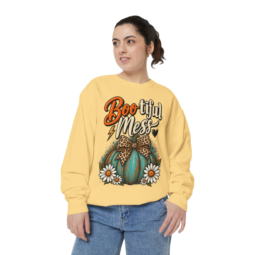 Boo-tiful Mess Sweatshirt – Teal Pumpkin with Leopard Bow & Daisies