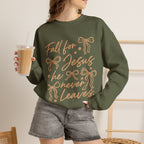 Christian Crewneck Sweatshirt – “Fall for Jesus, He Never Leaves” Autumn Faith Pullover