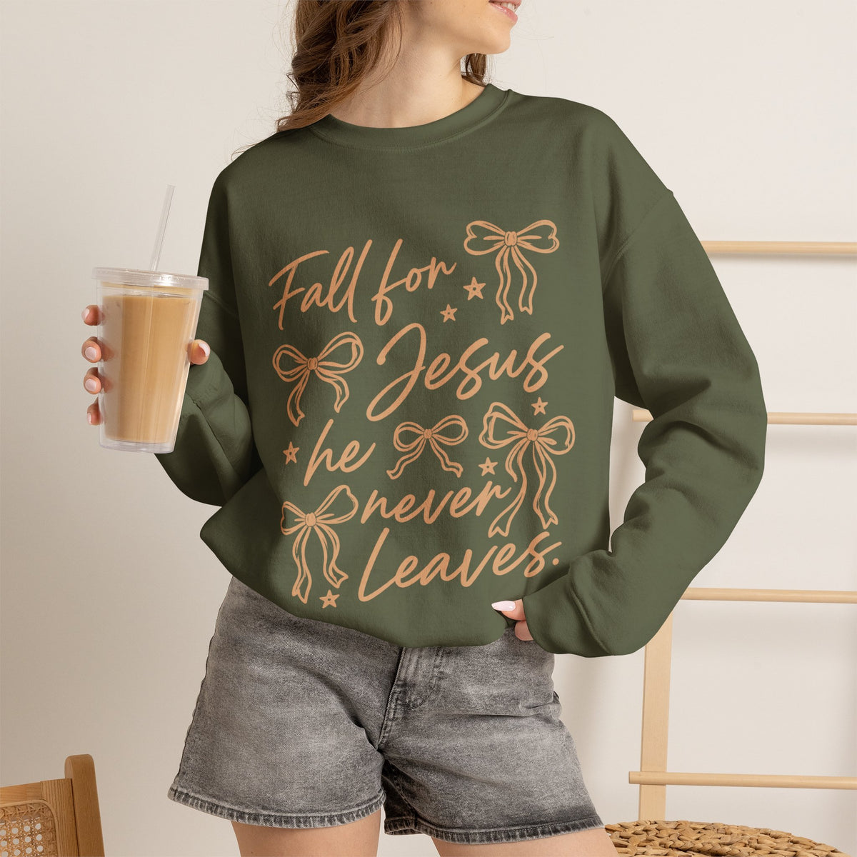 Christian Crewneck Sweatshirt – “Fall for Jesus, He Never Leaves” Autumn Faith Pullover