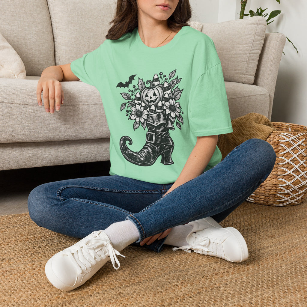 Halloween Boot Bouquet T‑Shirt — Pumpkin, Candy Corn & Bat Graphic