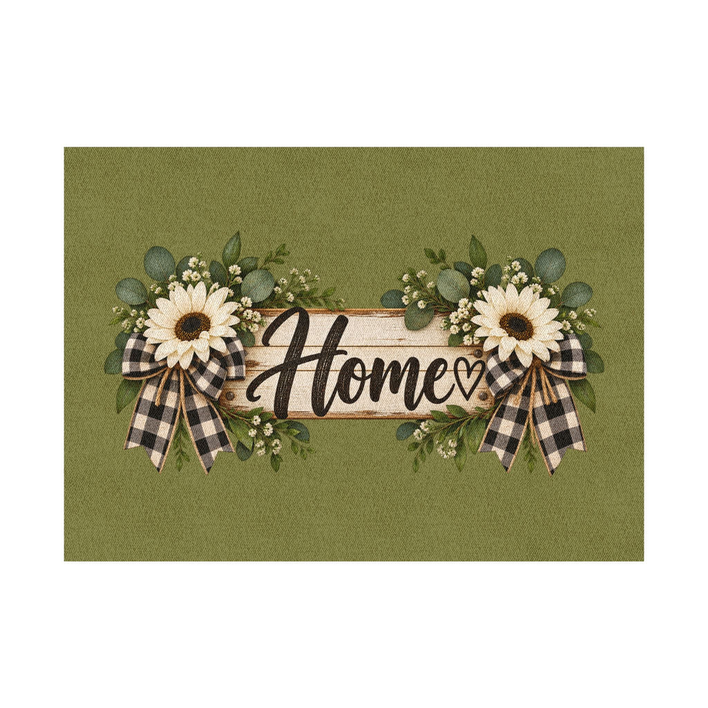Welcome Home Floral Rug — Green Sunflower Doormat with Buffalo Check Bows